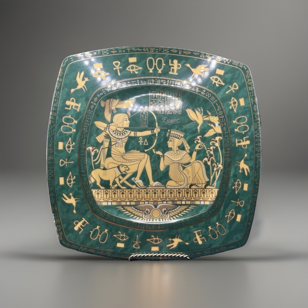 Fathi Mahmoud Limoges Plate - Green & Gold Made in Egypt Hieroglyphic Porcelain
